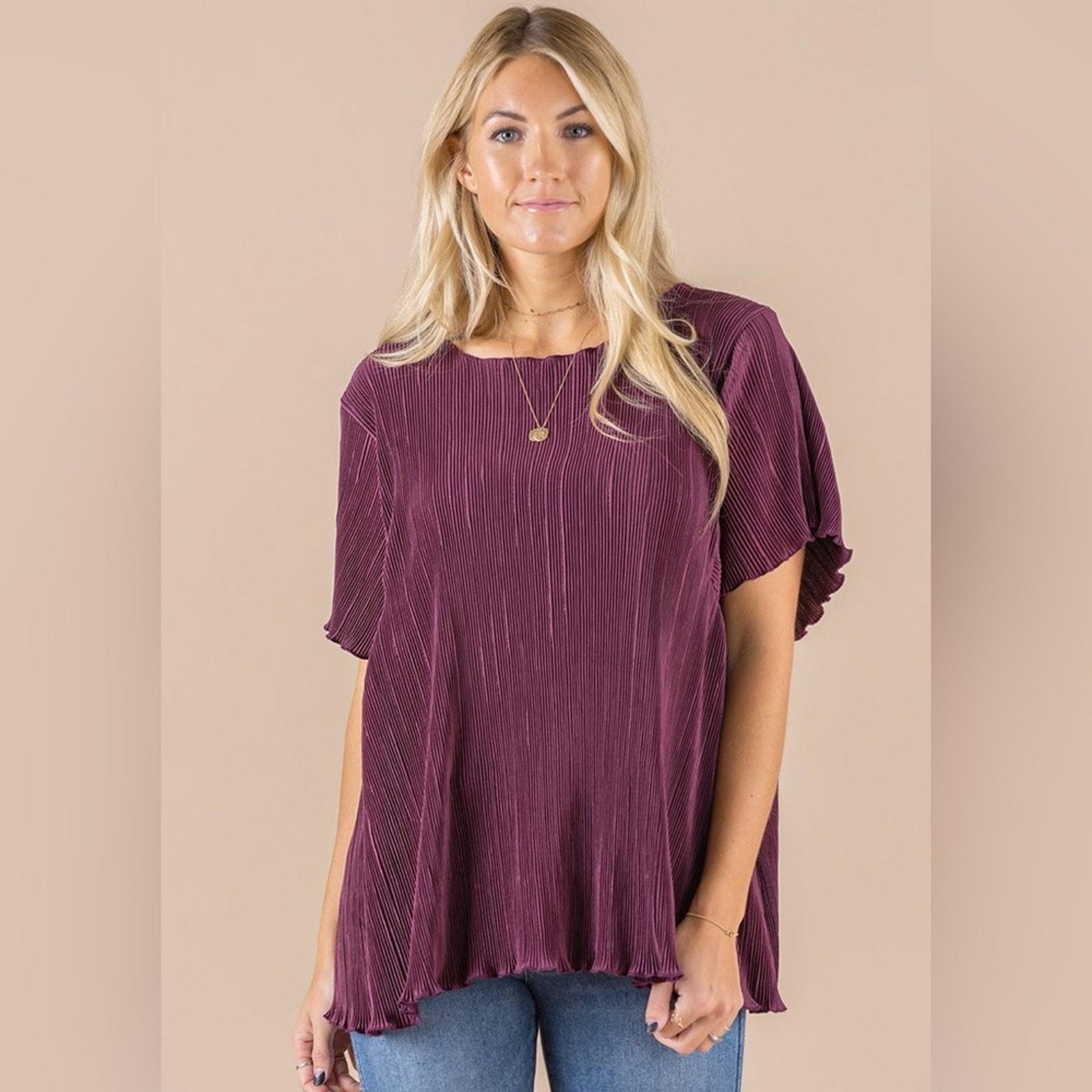 Nwt Agnes & Dora Crystal Micro Pleat Oversized Midi Top Wine Size Xs